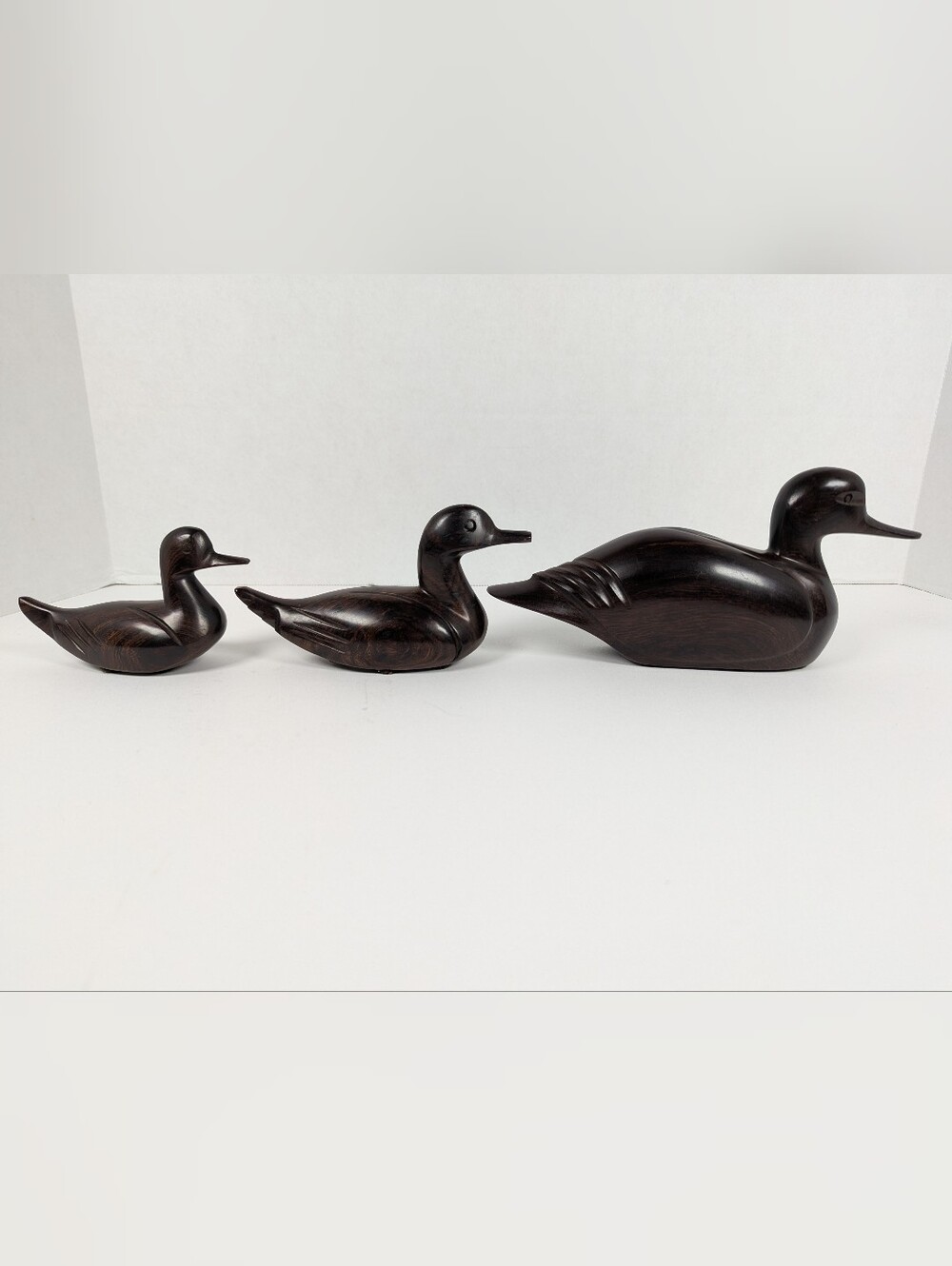 Vintage Set of 3 Carved Wooden Ducks Dark Hardwood Chinese 9" 6" 5"